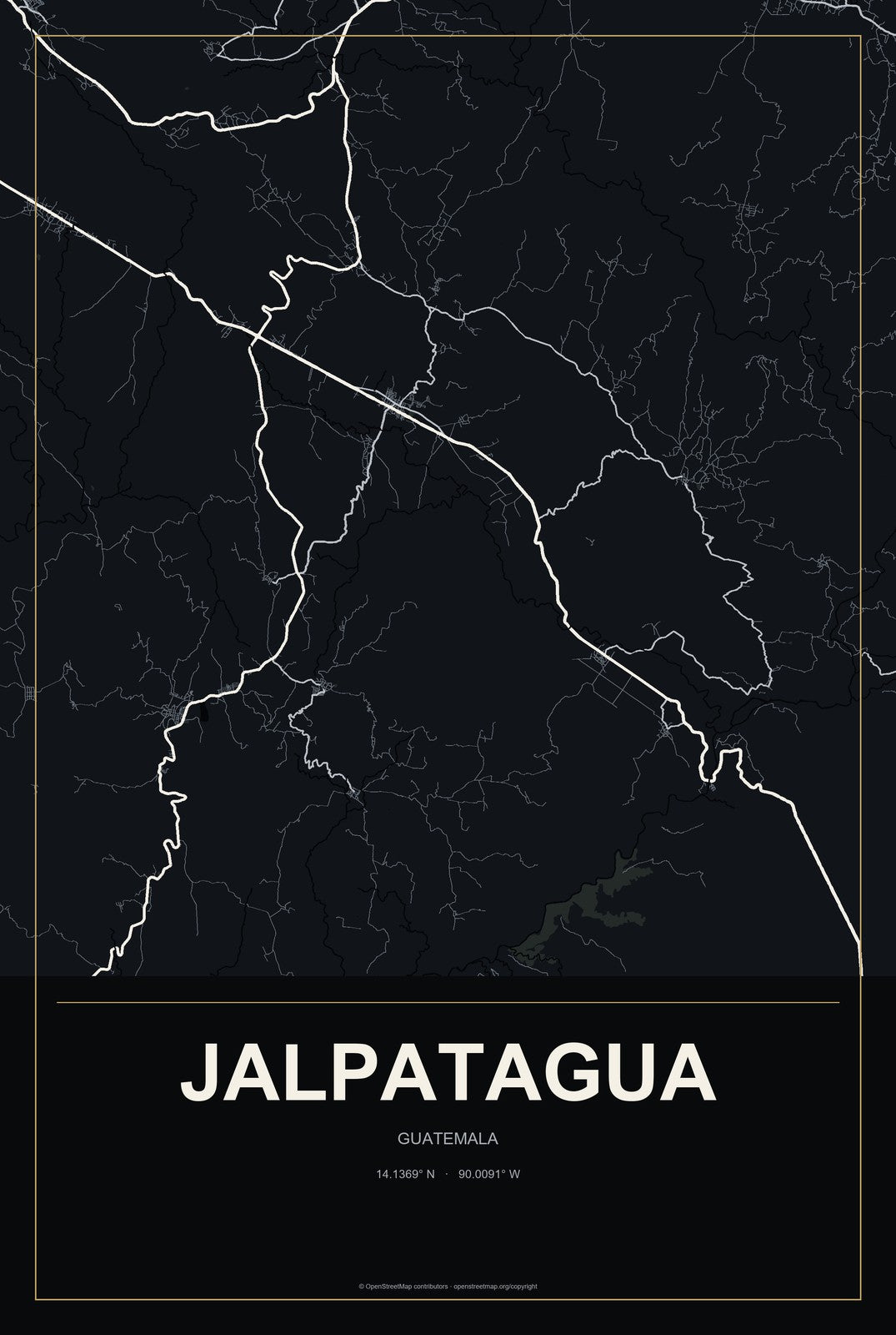 Jalpatagua, Guatemala City Map Aluminum Sign in Metropolitan Noir style