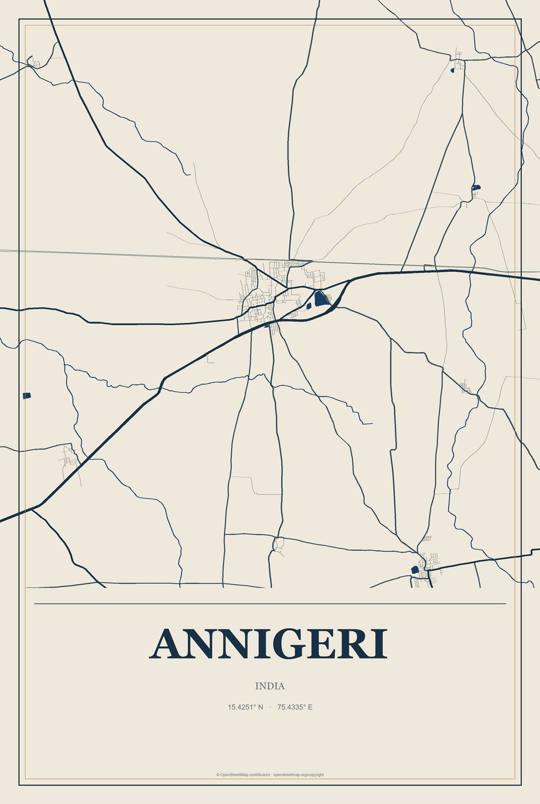 Annigeri, India City Map Aluminum Sign in Coastal Cutout style