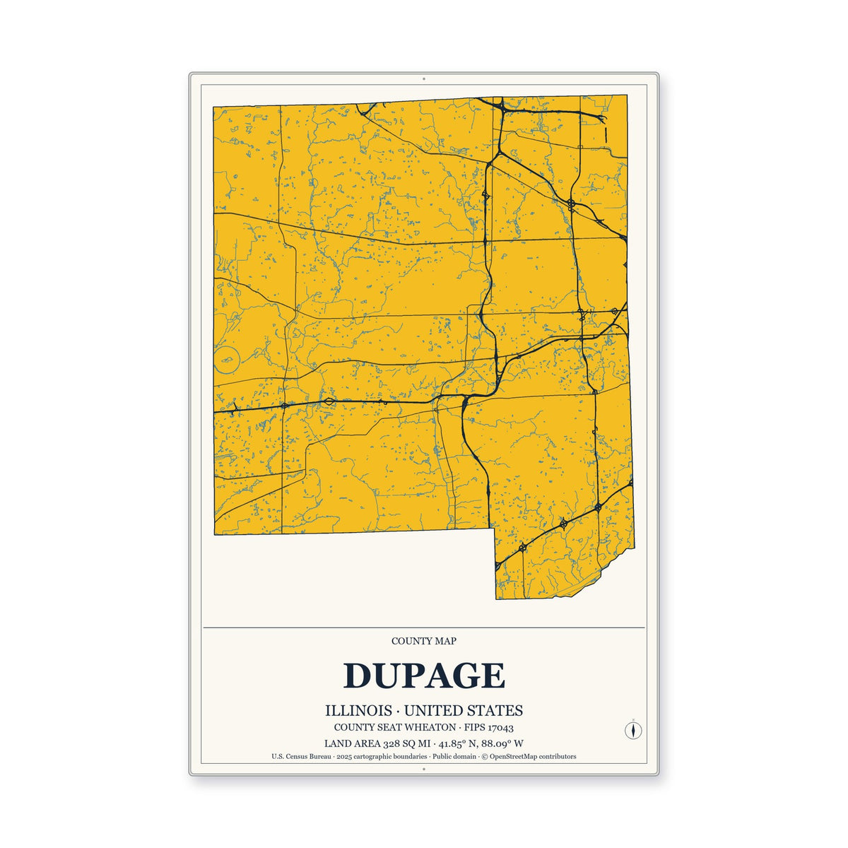 DuPage County, Illinois Map Aluminum Sign in Citrine Modern style