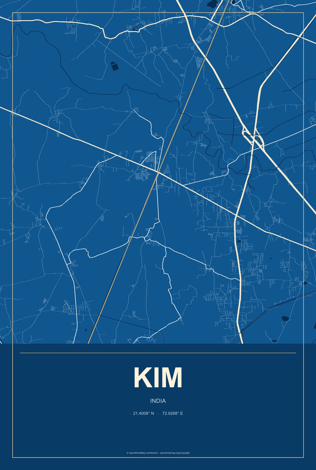 Kim, India City Map Aluminum Sign in Harbor Cobalt style