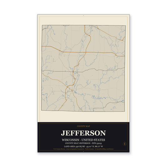 Jefferson County, Wisconsin Map Aluminum Sign in Museum Plaque style