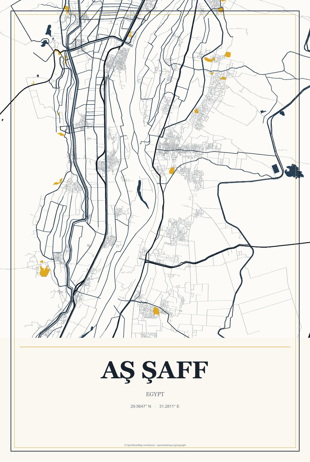 Aş Şaff, Egypt City Map Aluminum Sign in Citrine Modern style