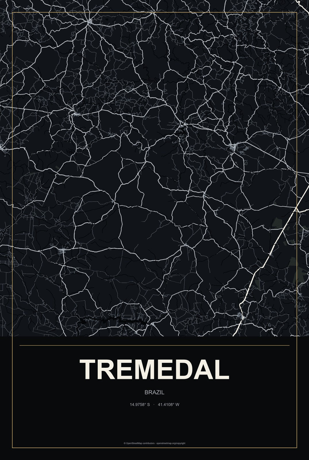 Tremedal, Brazil City Map Aluminum Sign in Metropolitan Noir style