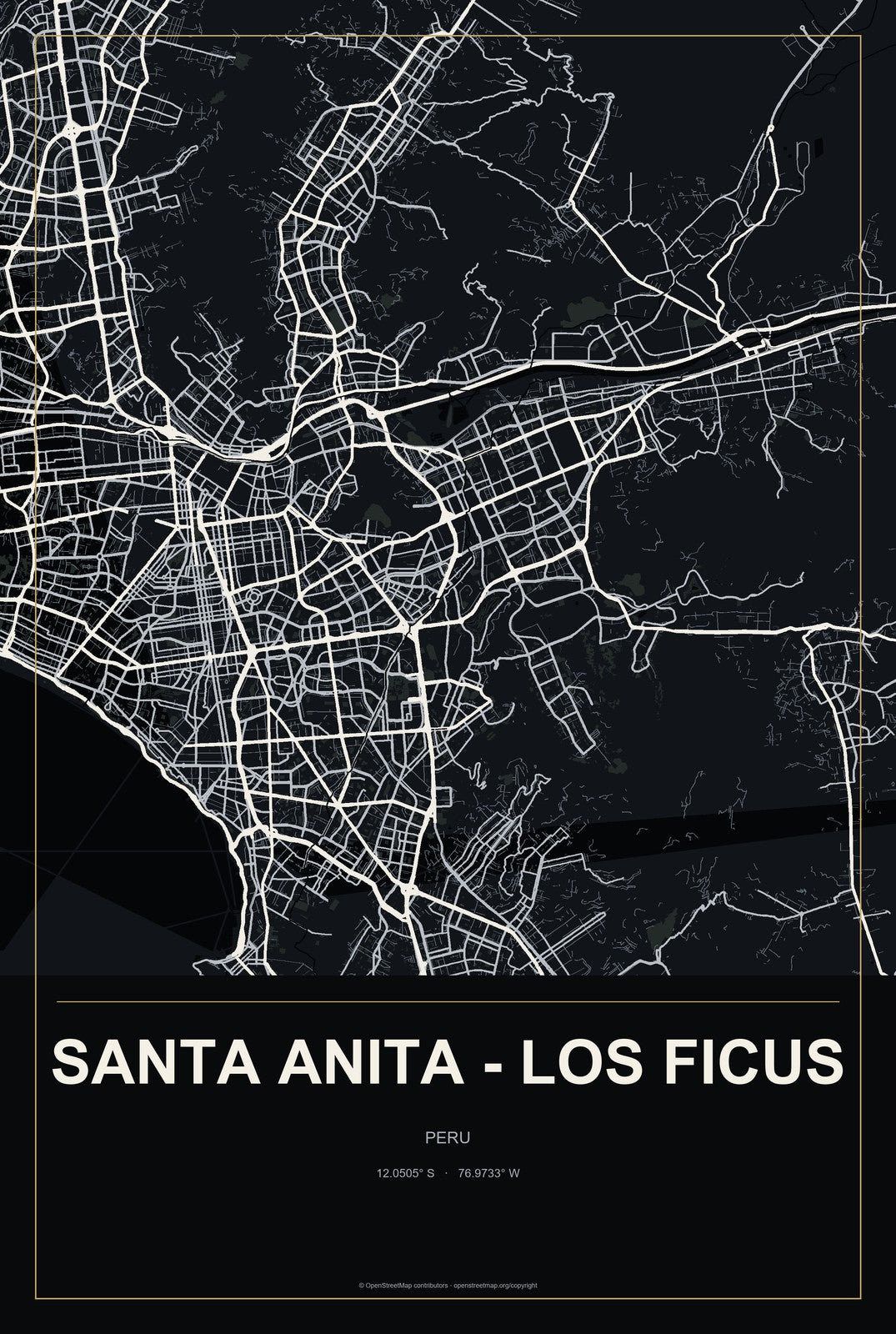Santa Anita - Los Ficus, Peru City Map Aluminum Sign in Metropolitan Noir style