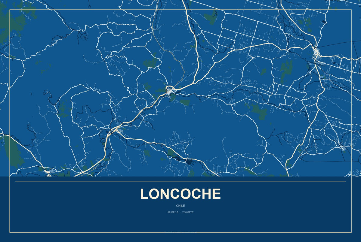 Loncoche, Chile City Map Aluminum Sign in Harbor Cobalt style