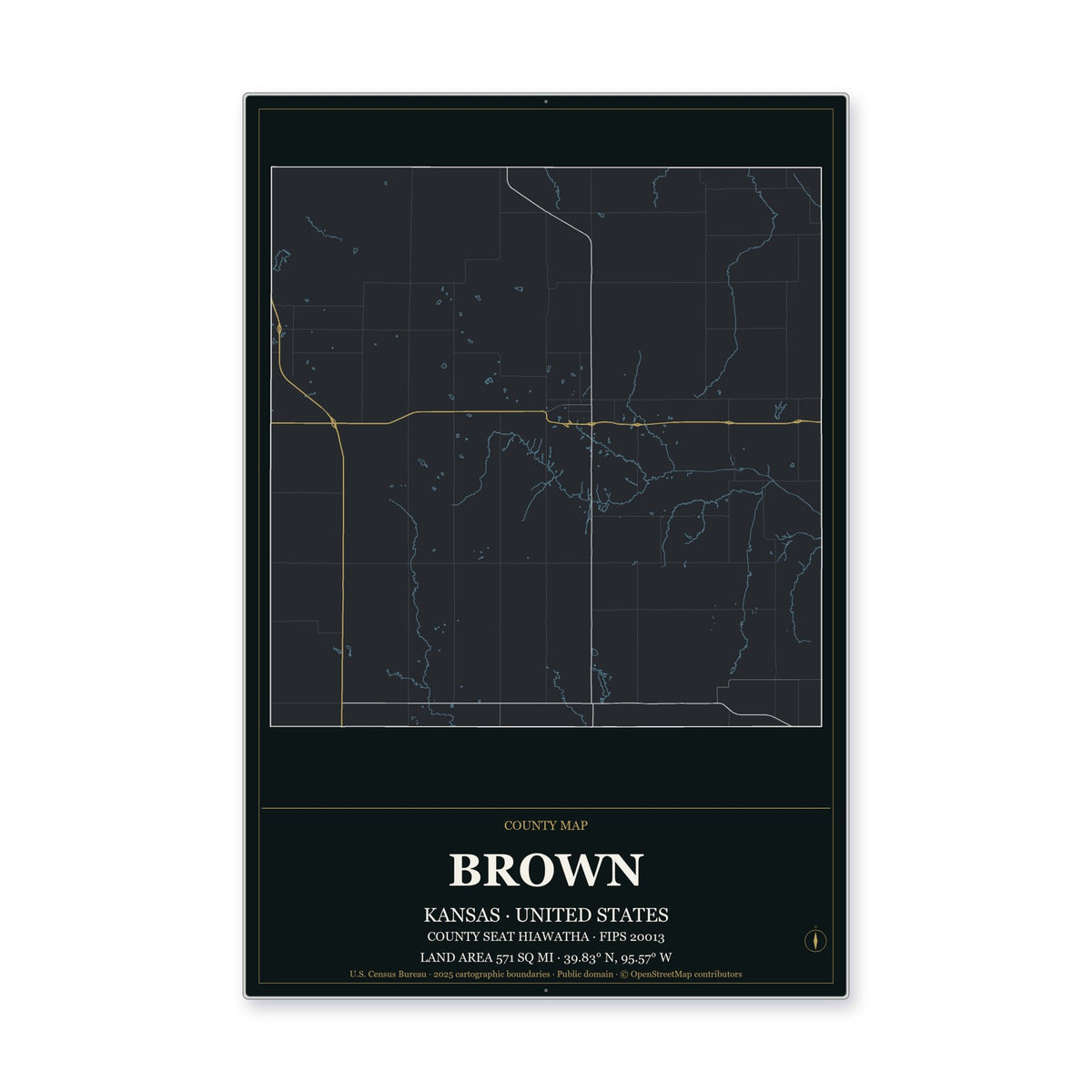 Brown County, Kansas Map Aluminum Sign in Metropolitan Noir style