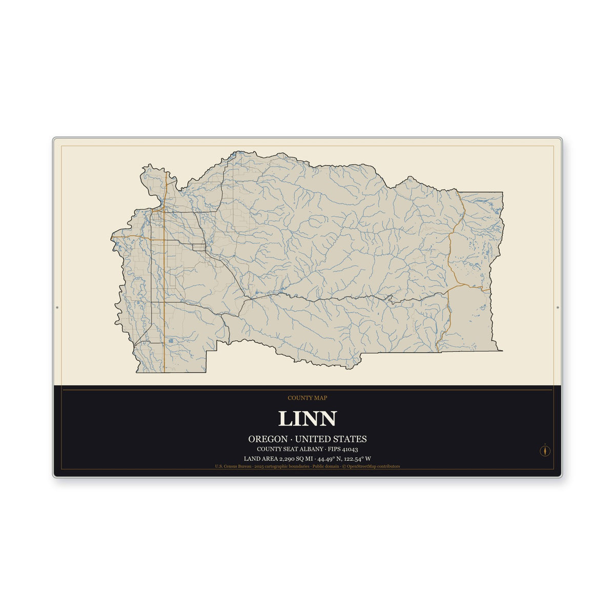 Linn County, Oregon Map Aluminum Sign in Museum Plaque style