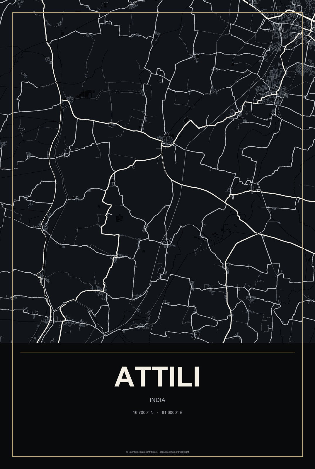Attili, India City Map Aluminum Sign in Metropolitan Noir style