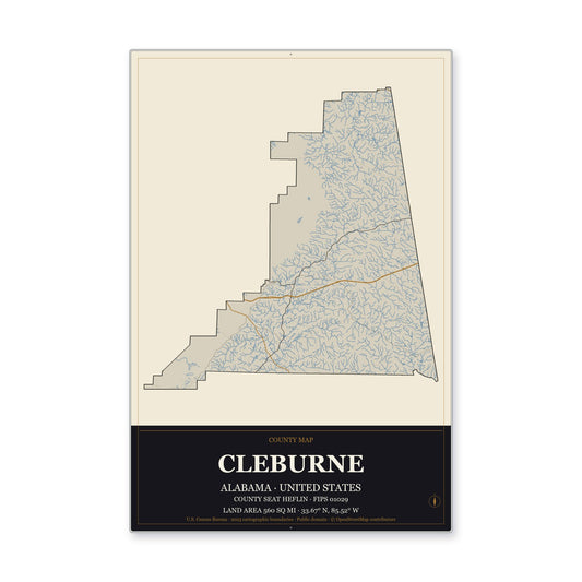 Cleburne County, Alabama Map Aluminum Sign in Museum Plaque style