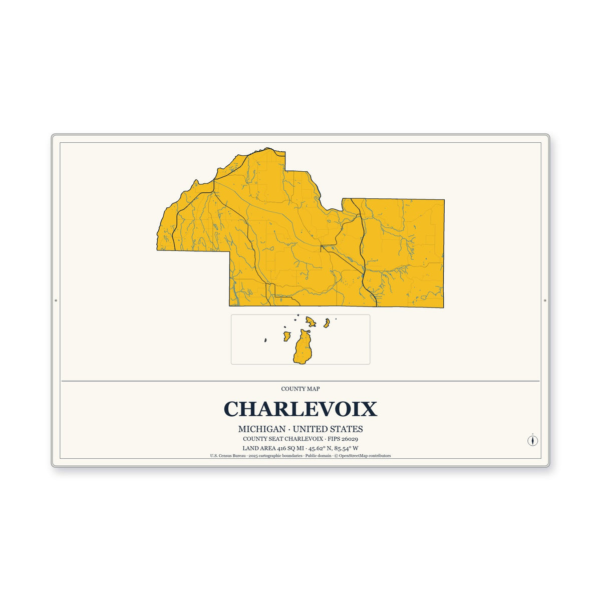 Charlevoix County, Michigan Map Aluminum Sign in Citrine Modern style