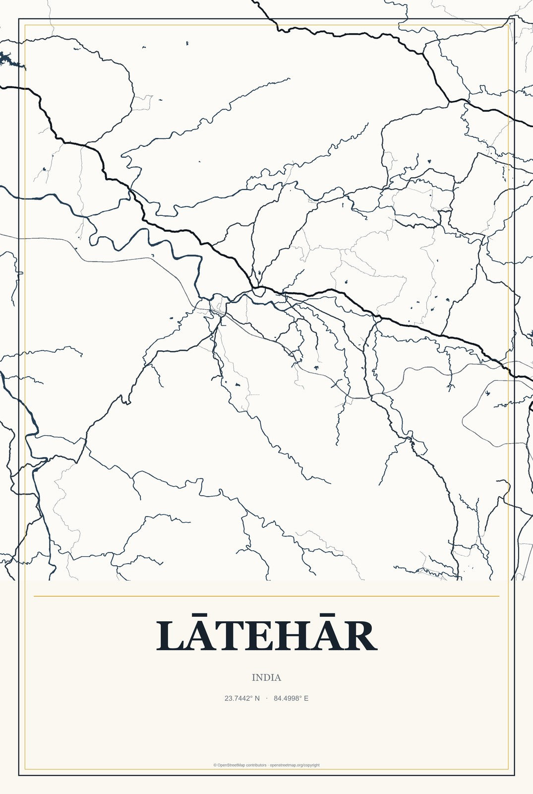 Lātehār, India City Map Aluminum Sign in Citrine Modern style
