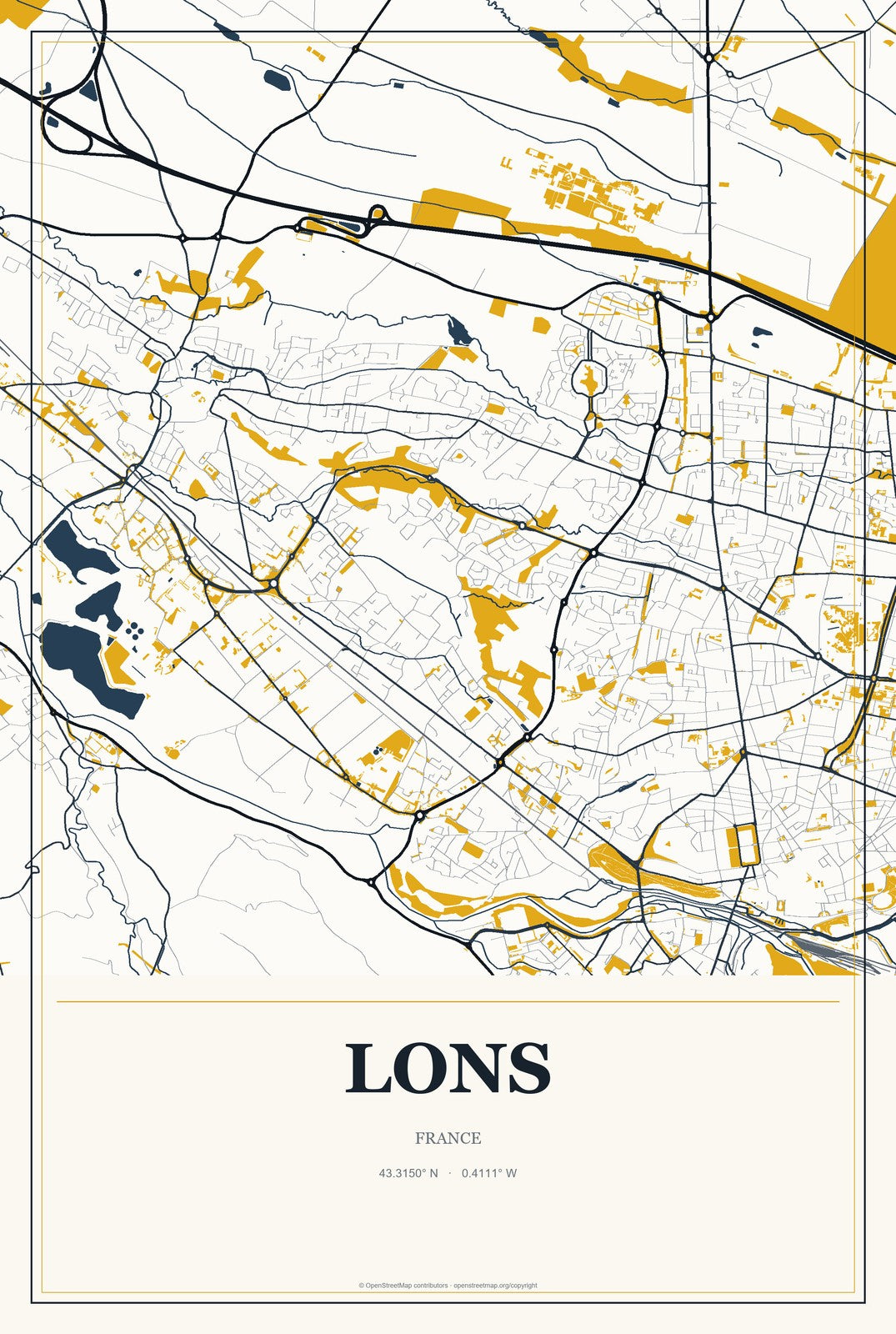 Lons, France City Map Aluminum Sign in Citrine Modern style