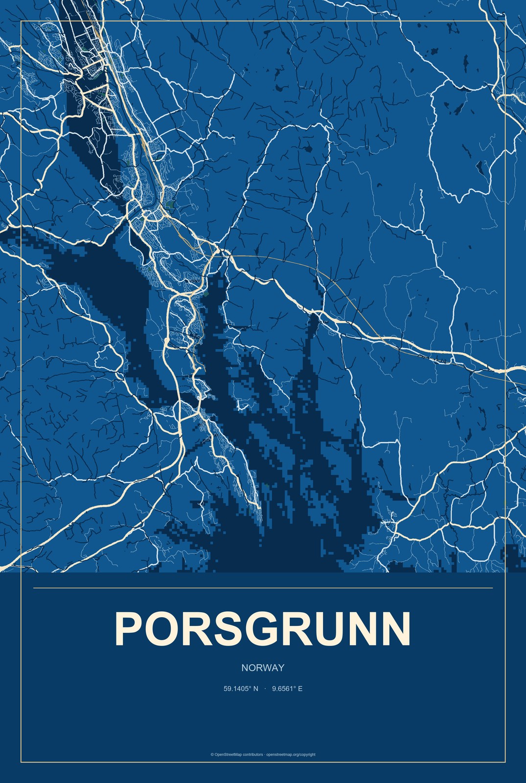 Porsgrunn, Norway City Map Aluminum Sign in Harbor Cobalt style
