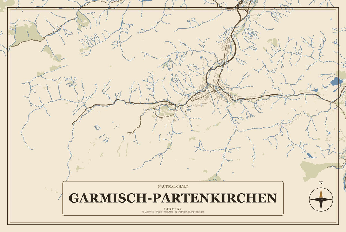 Garmisch-Partenkirchen, Germany City Map Aluminum Sign in Heritage Nautical style