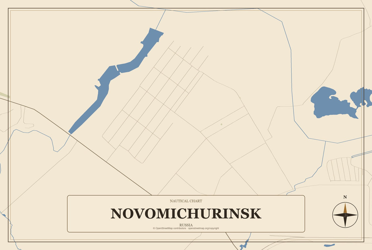 Novomichurinsk, Russia City Map Aluminum Sign in Heritage Nautical style