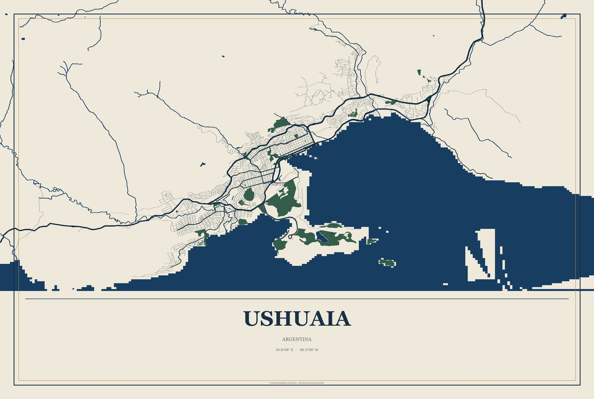 Ushuaia, Argentina City Map Aluminum Sign in Coastal Cutout style