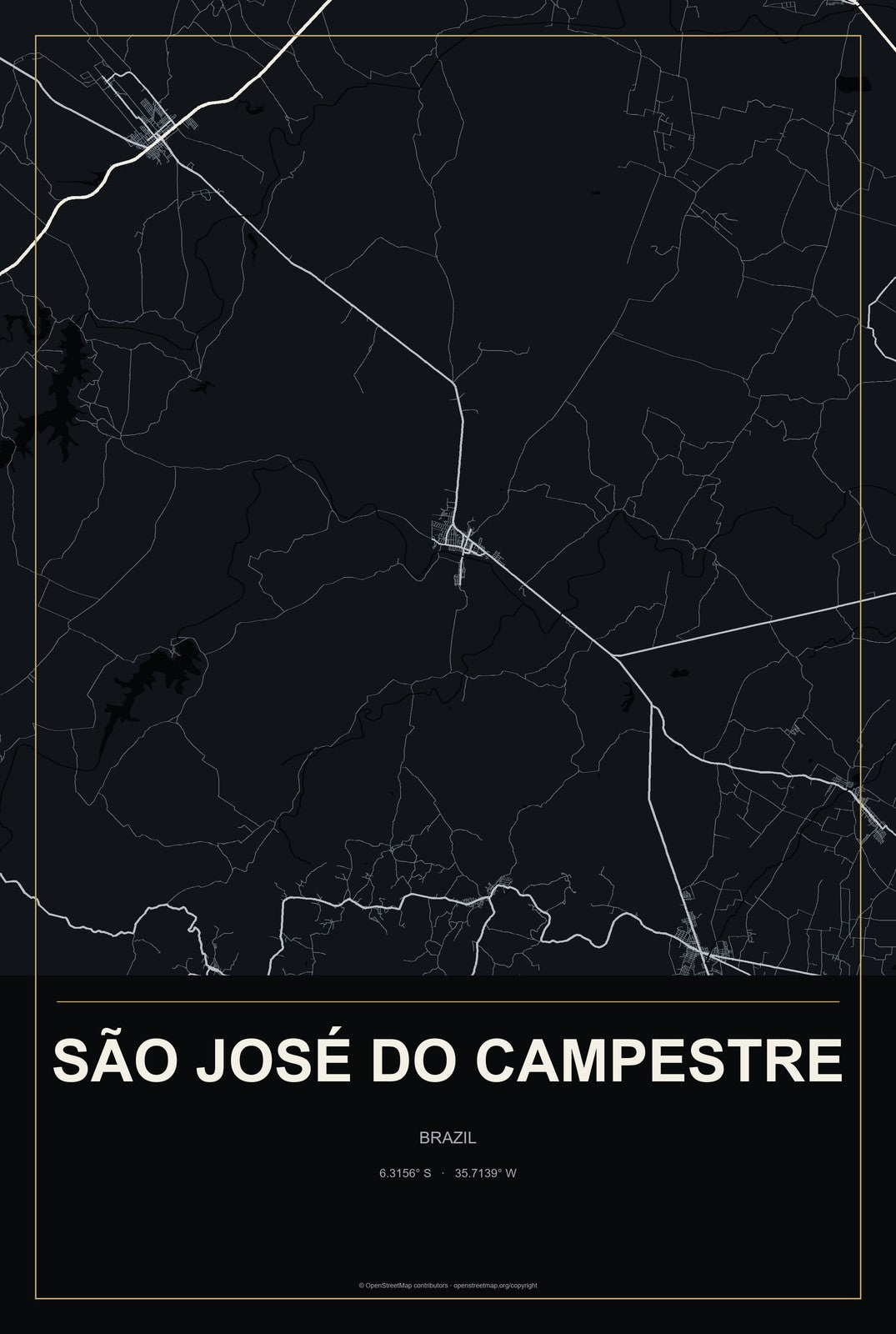 São José do Campestre, Brazil City Map Aluminum Sign in Metropolitan Noir style