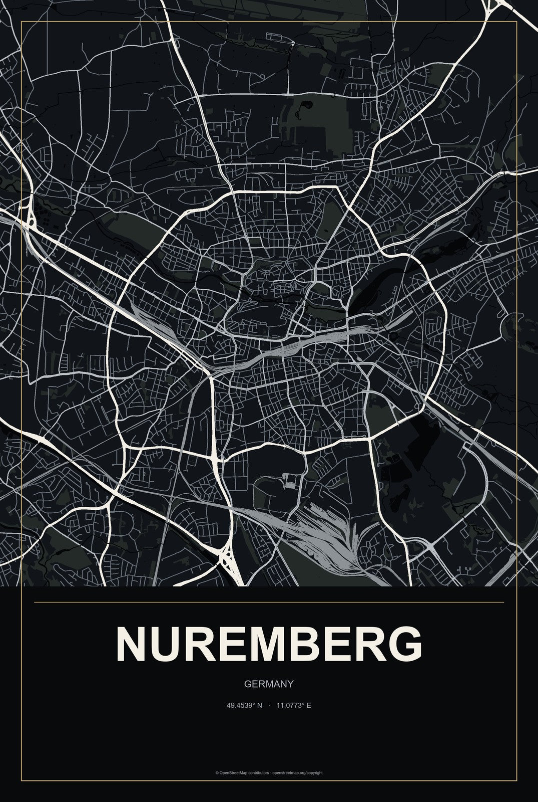 Nuremberg, Germany City Map Aluminum Sign in Metropolitan Noir style