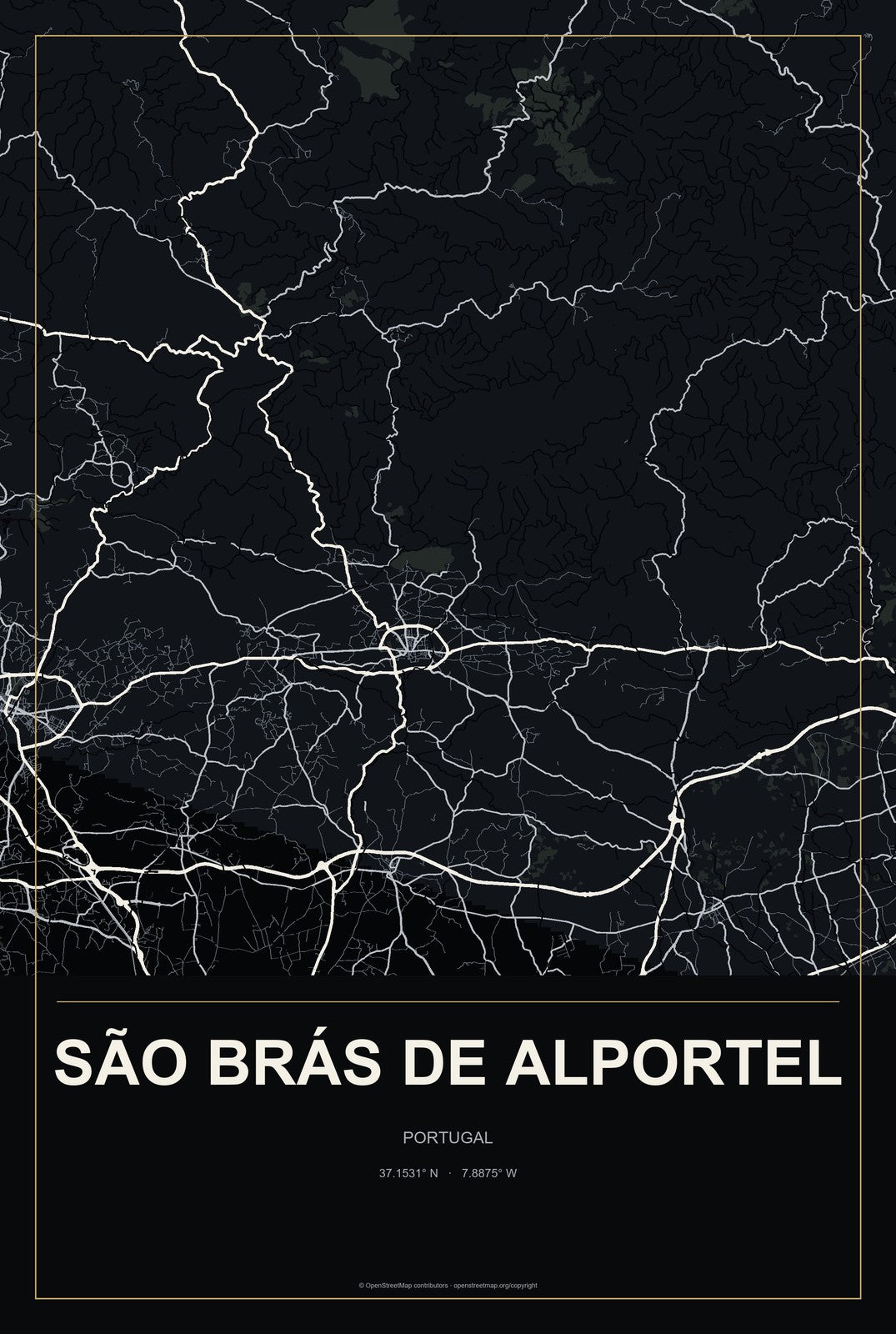 São Brás de Alportel, Portugal City Map Aluminum Sign in Metropolitan Noir style