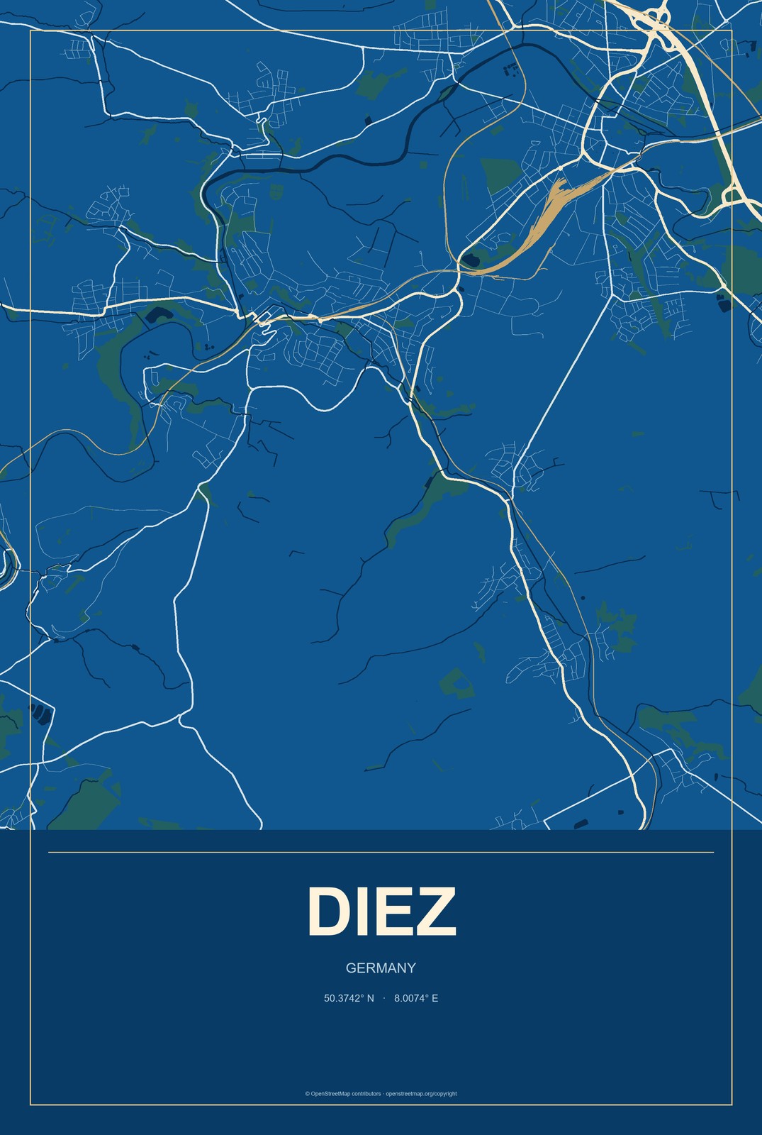 Diez, Germany City Map Aluminum Sign in Harbor Cobalt style