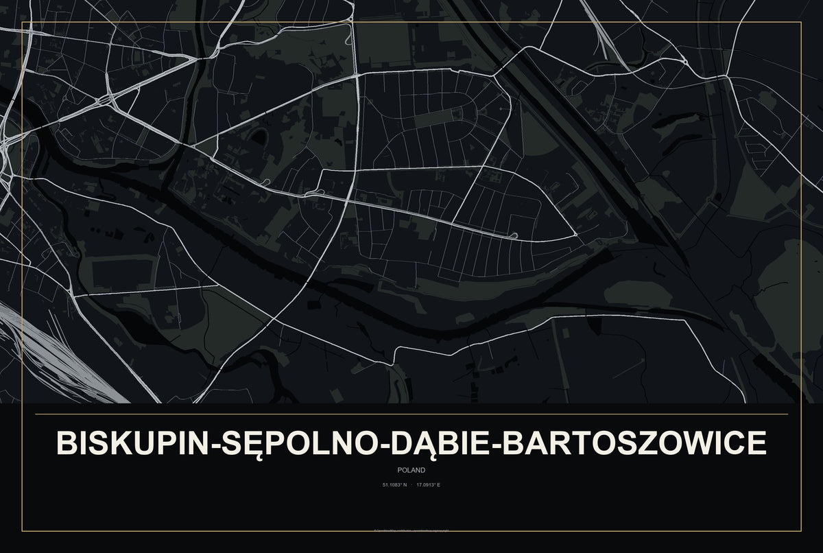 Biskupin-Sępolno-Dąbie-Bartoszowice, Poland City Map Aluminum Sign in Metropolitan Noir style