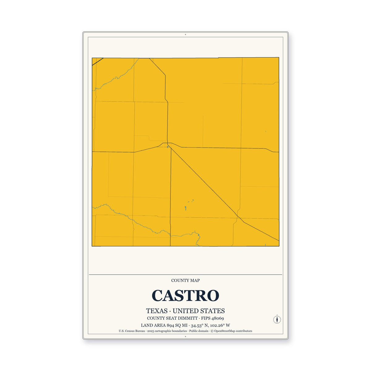 Castro County, Texas Map Aluminum Sign in Citrine Modern style