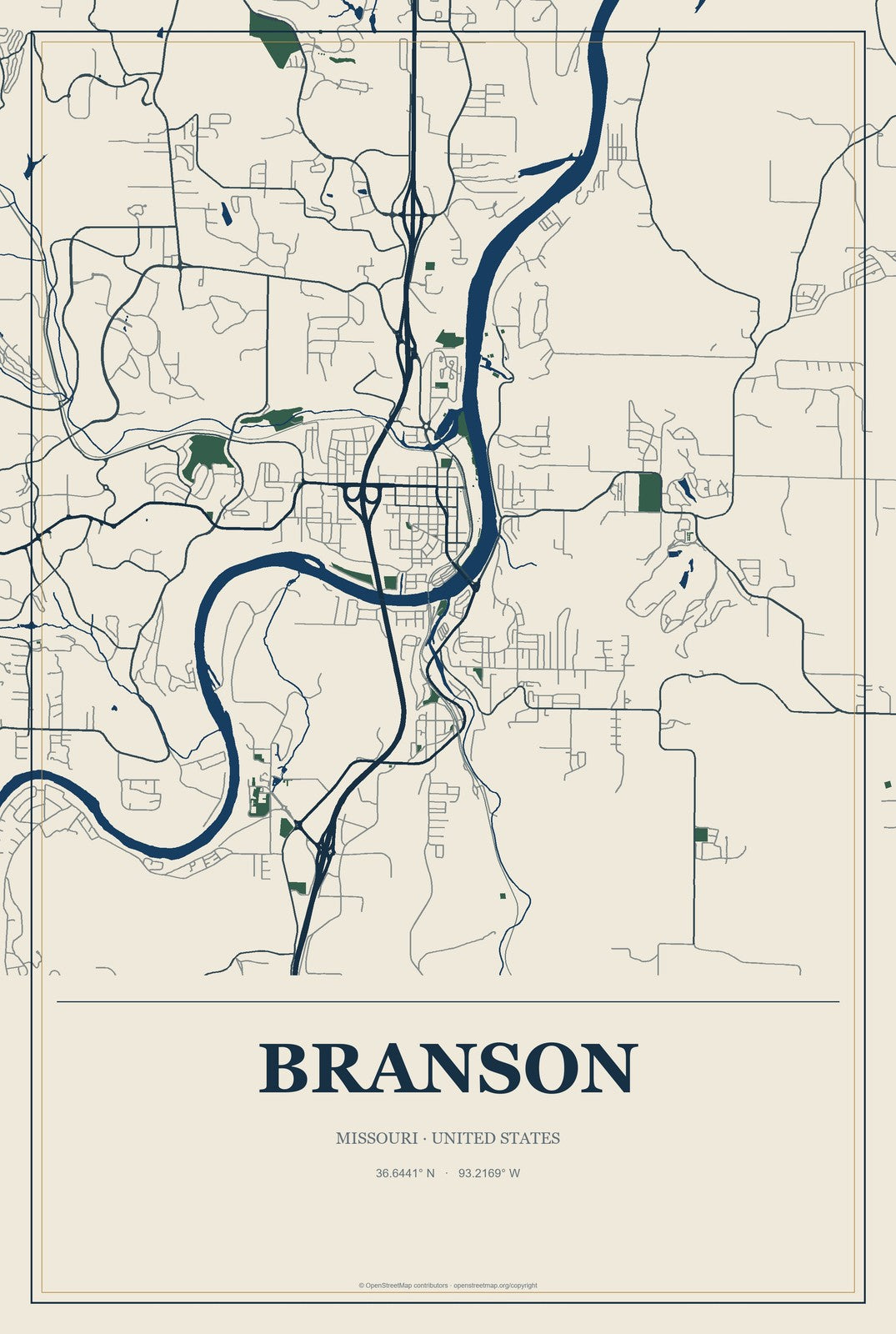 Branson, Missouri City Map Aluminum Sign in Coastal Cutout style