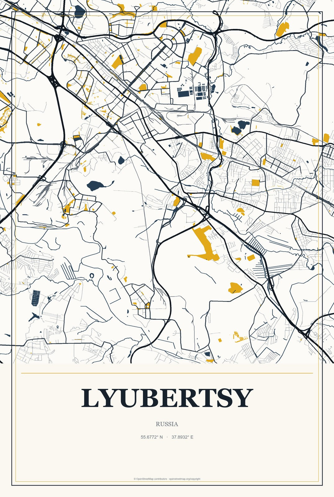 Lyubertsy, Russia City Map Aluminum Sign in Citrine Modern style