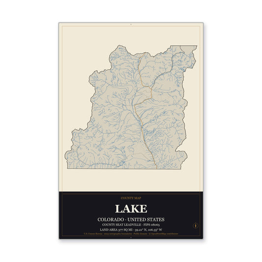 Lake County, Colorado Map Aluminum Sign in Museum Plaque style
