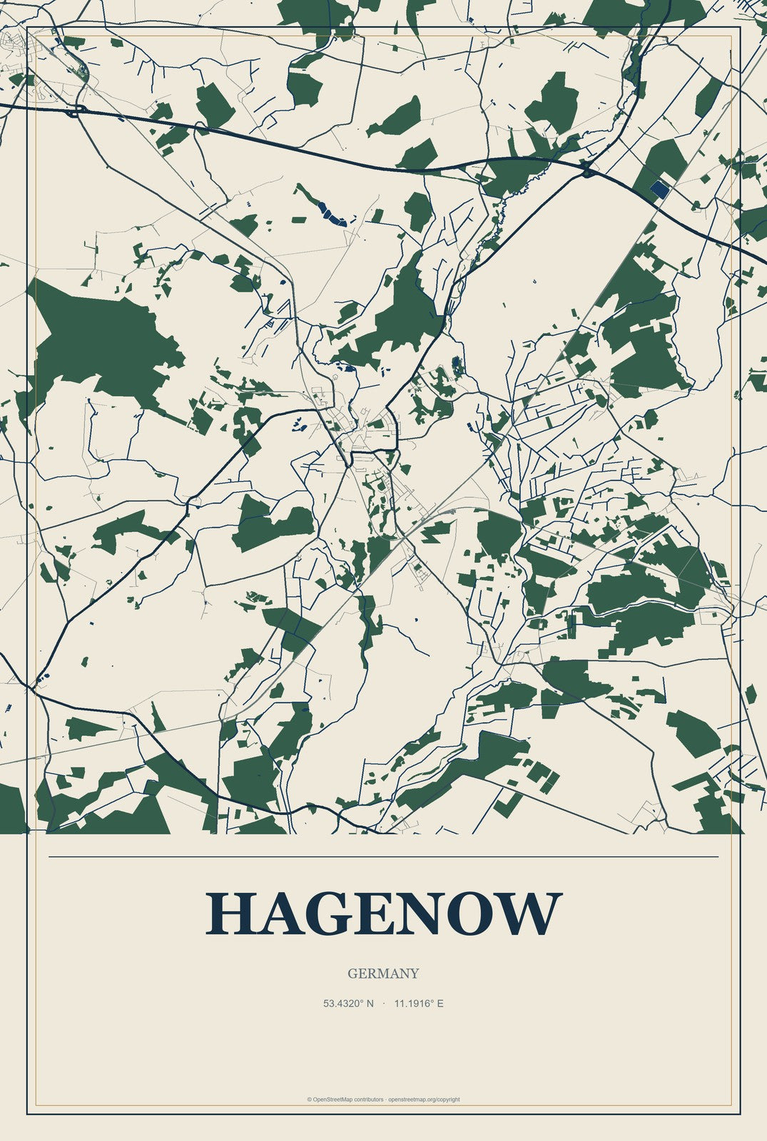Hagenow, Germany City Map Aluminum Sign in Coastal Cutout style