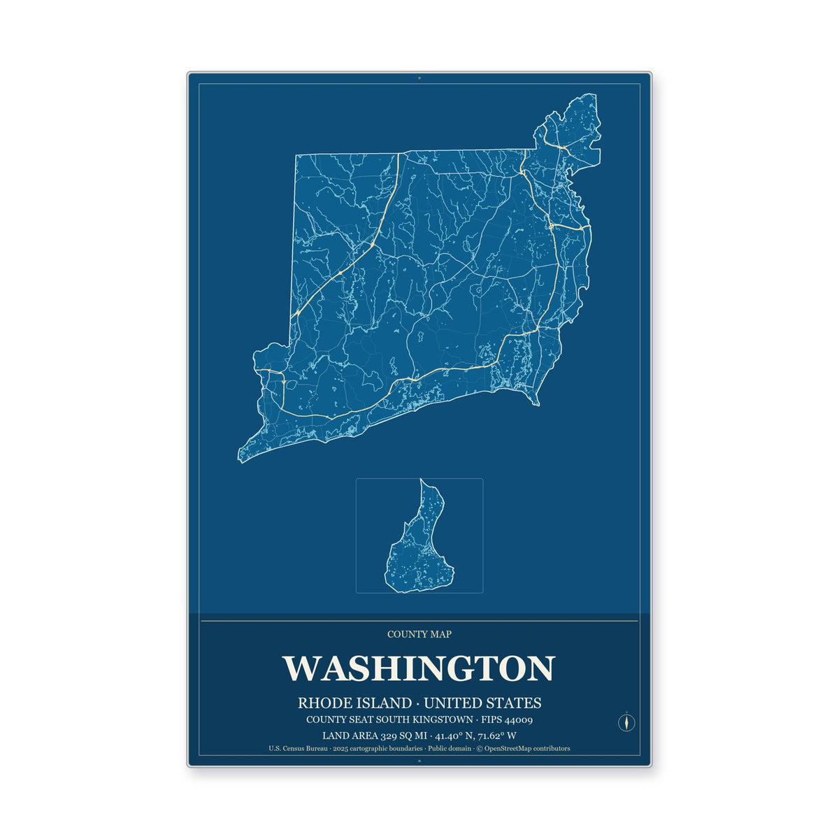 Washington County, Rhode Island Map Aluminum Sign in Harbor Cobalt style