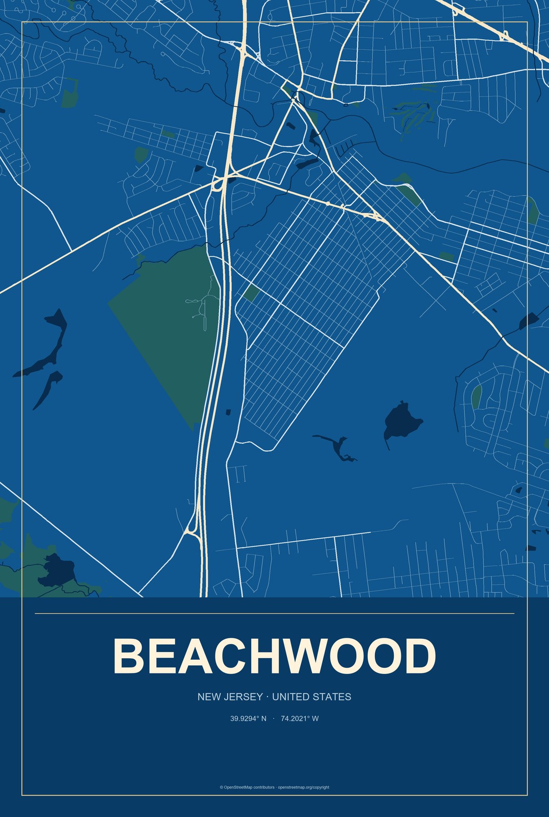 Beachwood, New Jersey City Map Aluminum Sign in Harbor Cobalt style