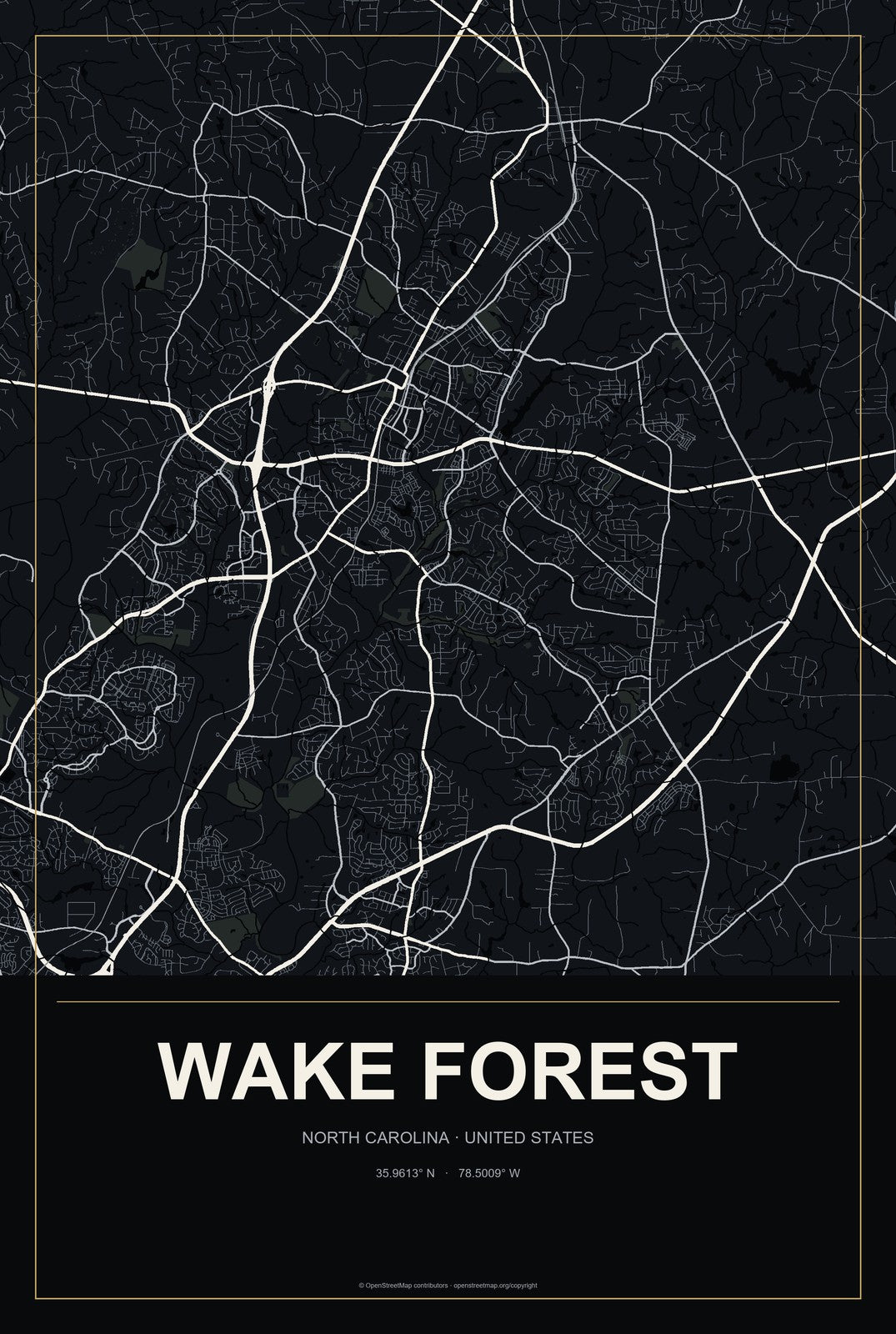 Wake Forest, North Carolina City Map Aluminum Sign in Metropolitan Noir style