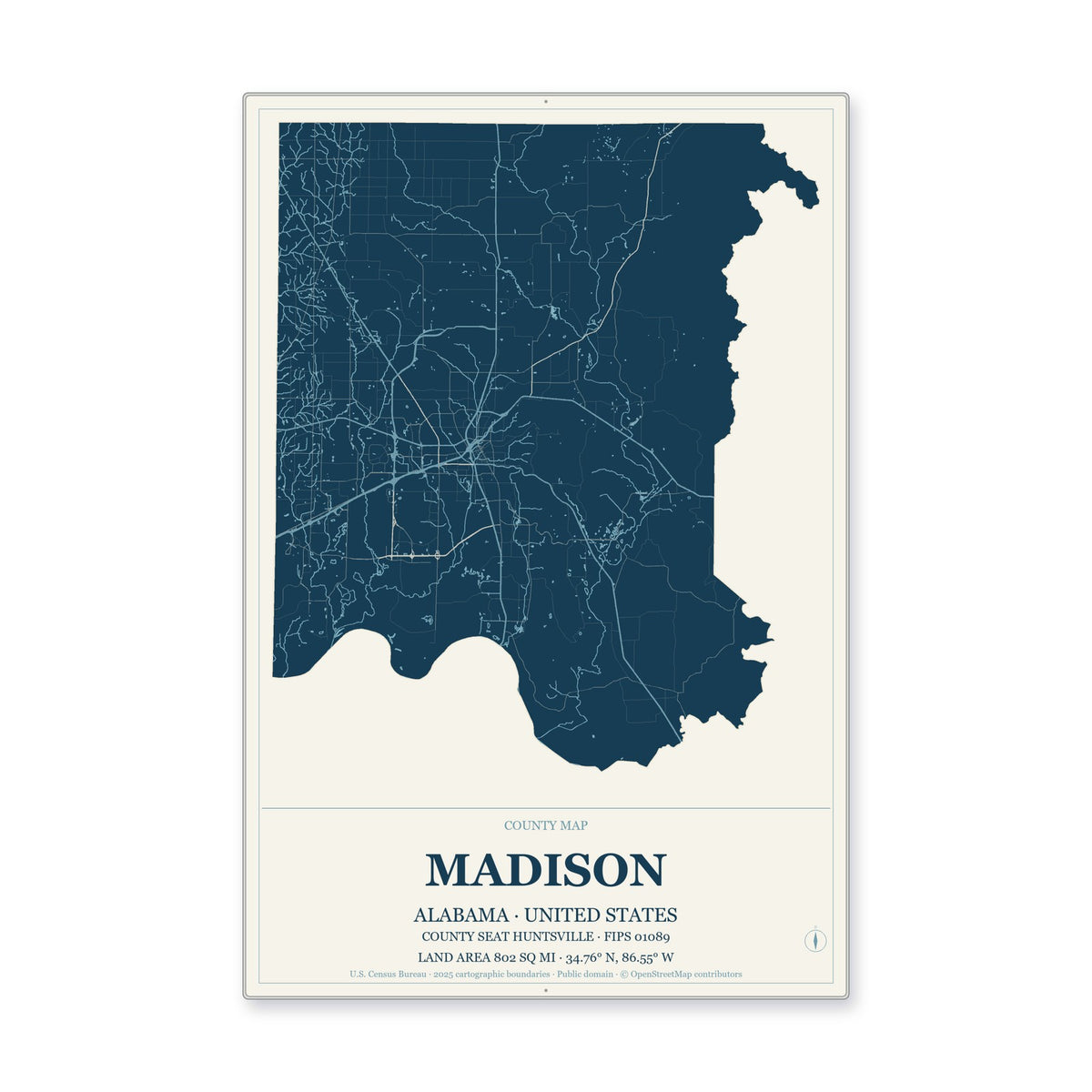 Madison County, Alabama Map Aluminum Sign in Coastal Cutout style
