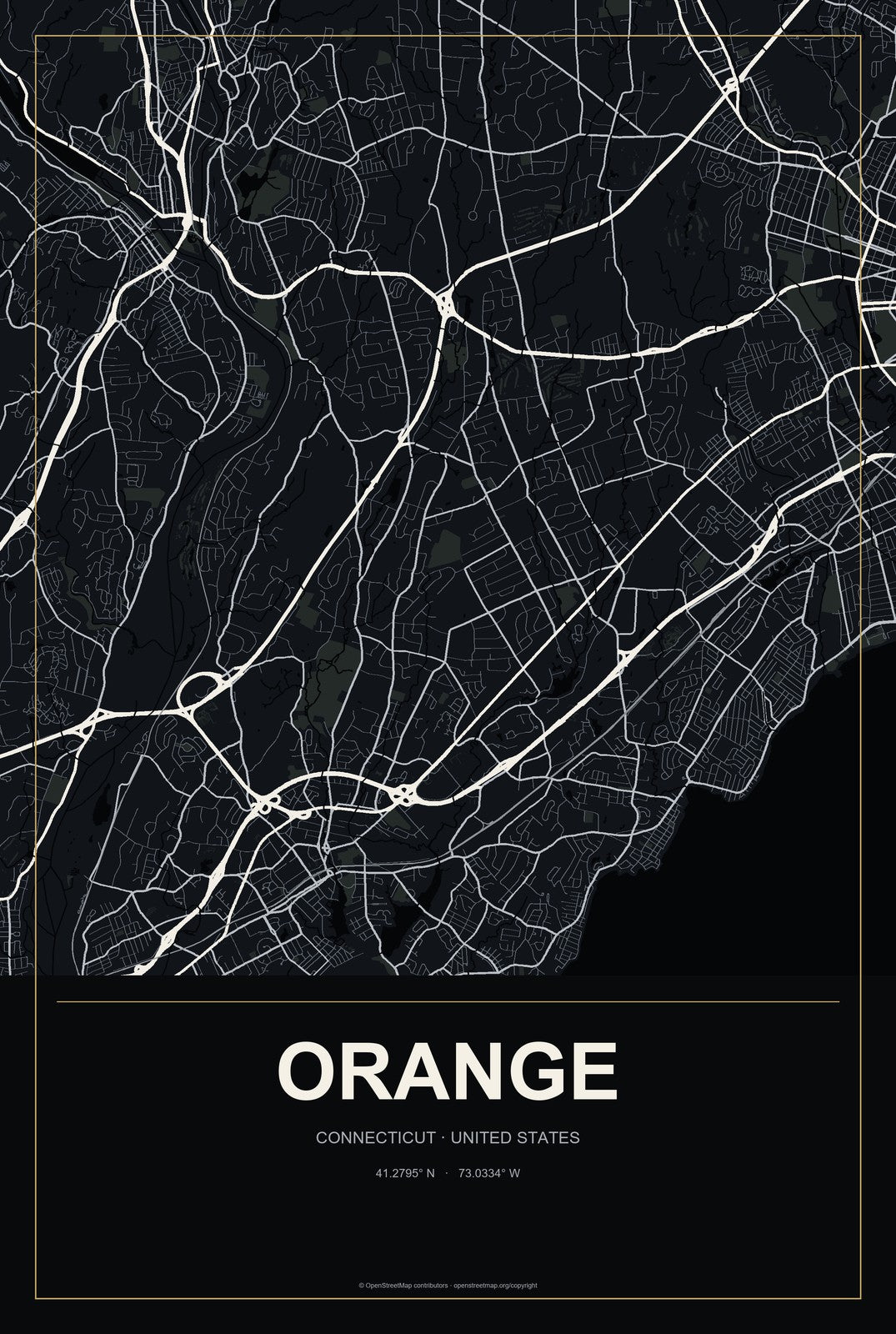 Orange, Connecticut City Map Aluminum Sign in Metropolitan Noir style