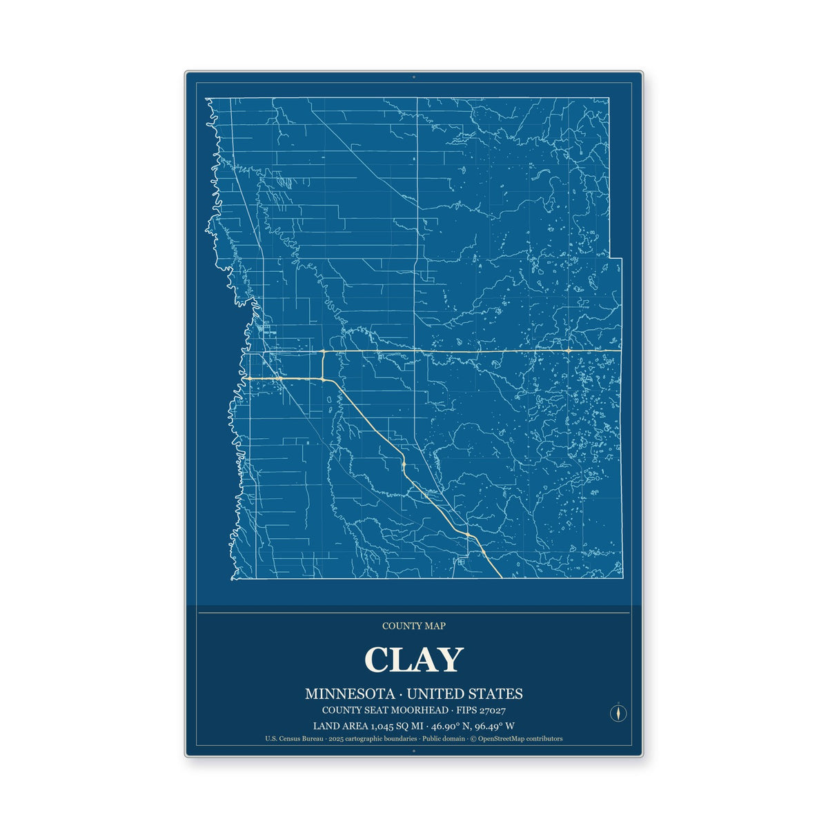 Clay County, Minnesota Map Aluminum Sign in Harbor Cobalt style
