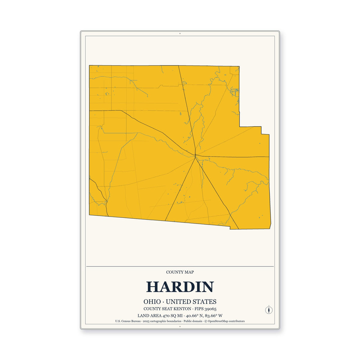Hardin County, Ohio Map Aluminum Sign in Citrine Modern style