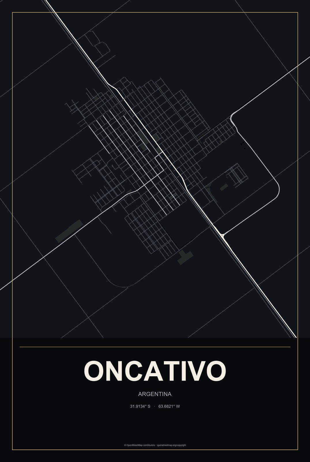 Oncativo, Argentina City Map Aluminum Sign in Metropolitan Noir style