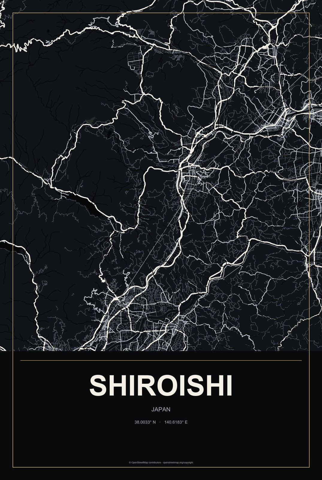 Shiroishi, Japan City Map Aluminum Sign in Metropolitan Noir style