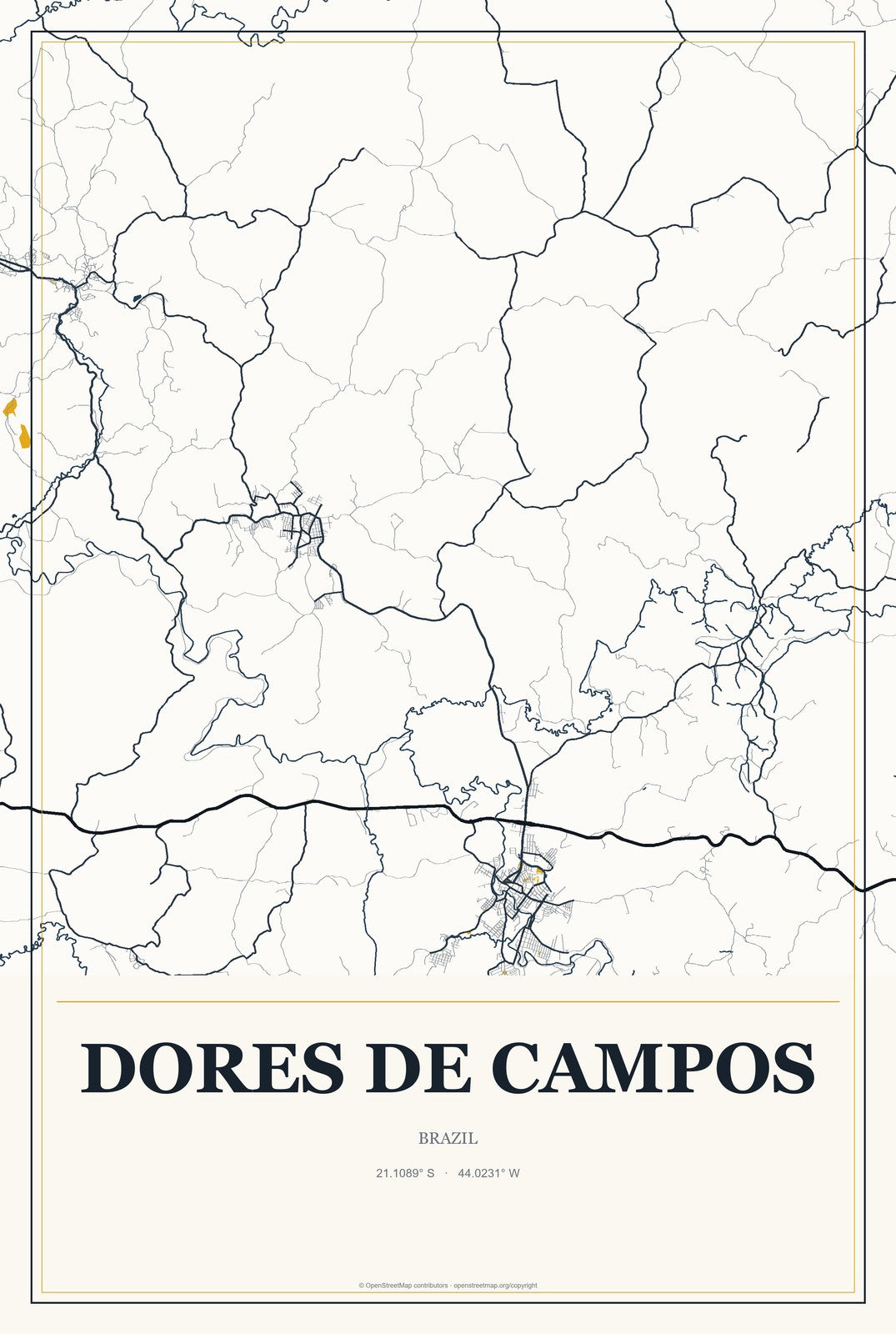 Dores de Campos, Brazil City Map Aluminum Sign in Citrine Modern style