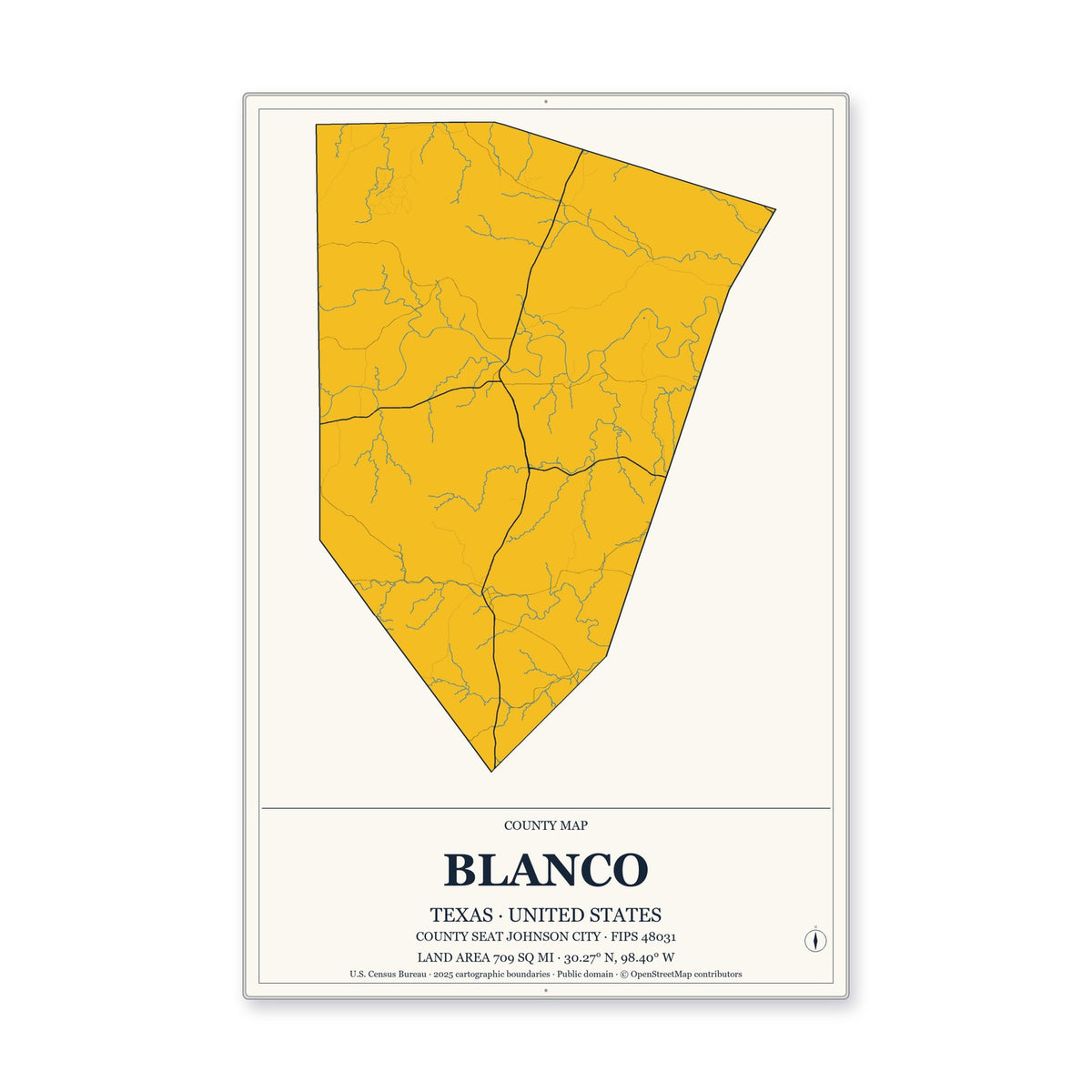 Blanco County, Texas Map Aluminum Sign in Citrine Modern style