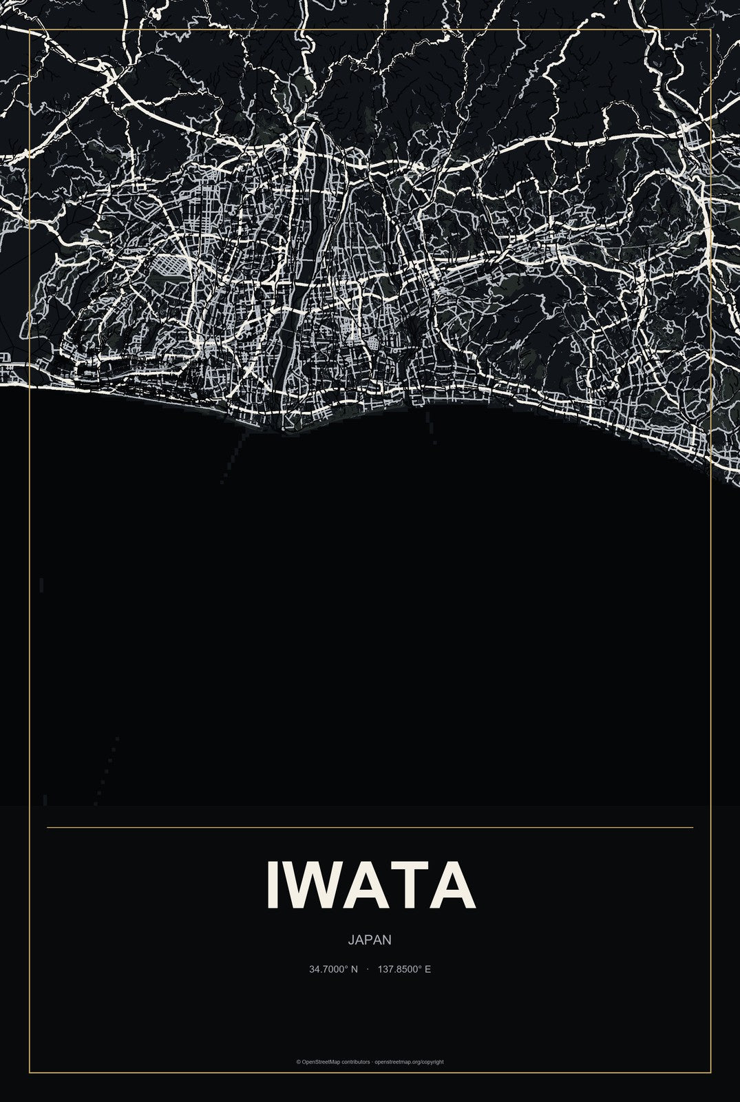 Iwata, Japan City Map Aluminum Sign in Metropolitan Noir style