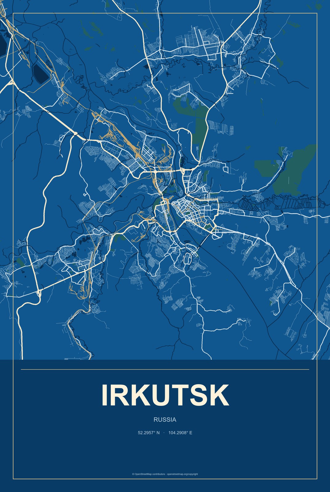 Irkutsk, Russia City Map Aluminum Sign in Harbor Cobalt style