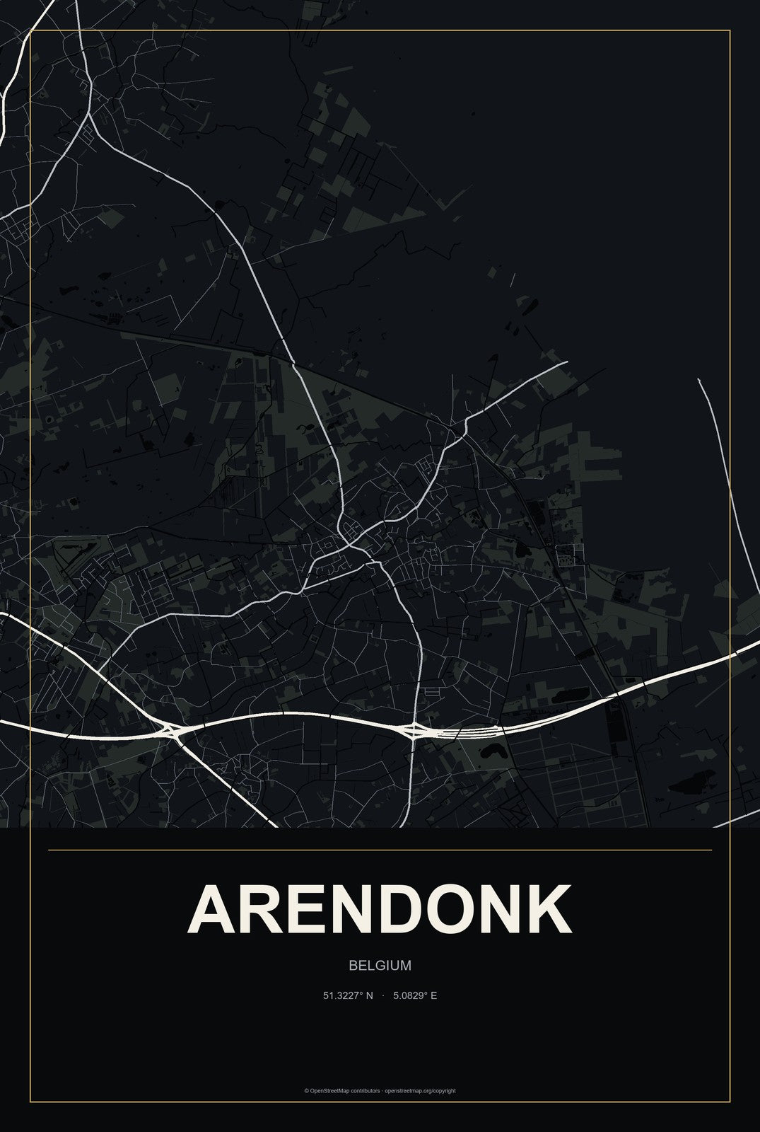 Arendonk, Belgium City Map Aluminum Sign in Metropolitan Noir style