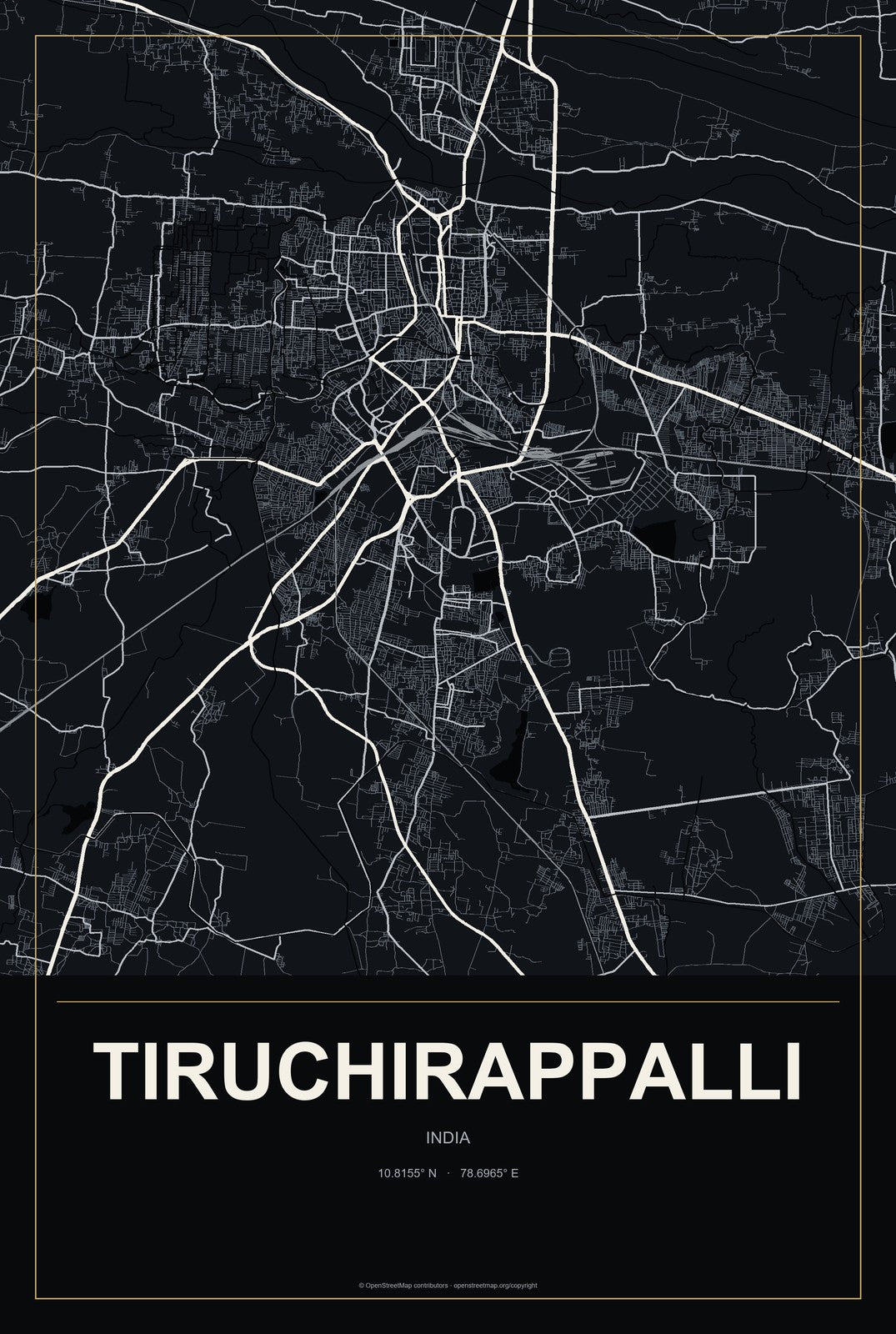 Tiruchirappalli, India City Map Aluminum Sign in Metropolitan Noir style