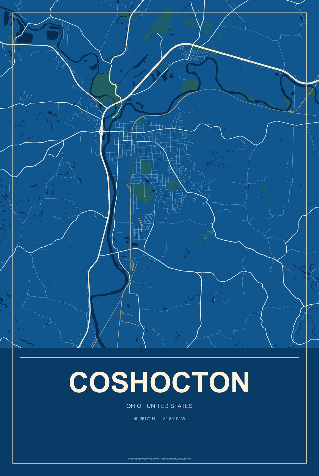 Coshocton, Ohio City Map Aluminum Sign in Harbor Cobalt style