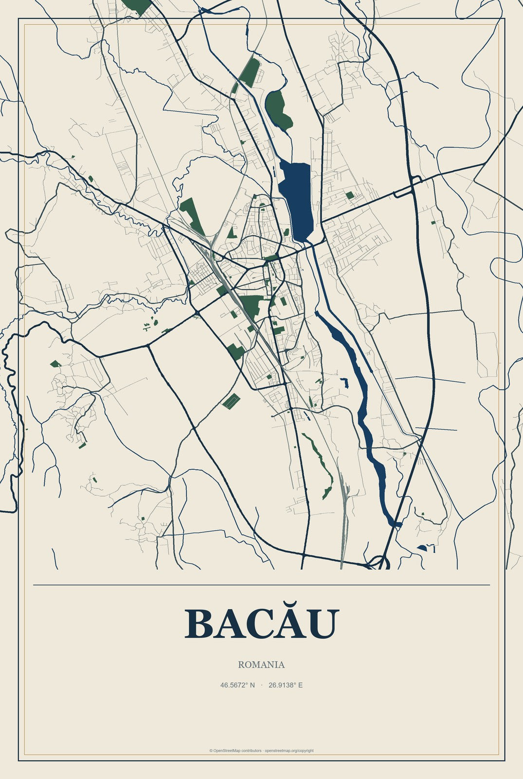 Bacău, Romania City Map Aluminum Sign in Coastal Cutout style