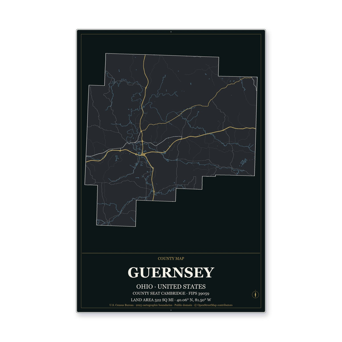 Guernsey County, Ohio Map Aluminum Sign in Metropolitan Noir style