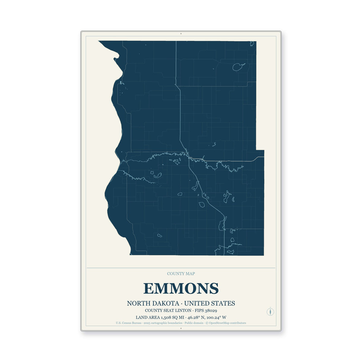 Emmons County, North Dakota Map Aluminum Sign in Coastal Cutout style
