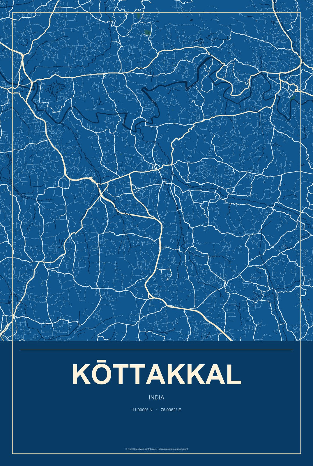 Kōttakkal, India City Map Aluminum Sign in Harbor Cobalt style